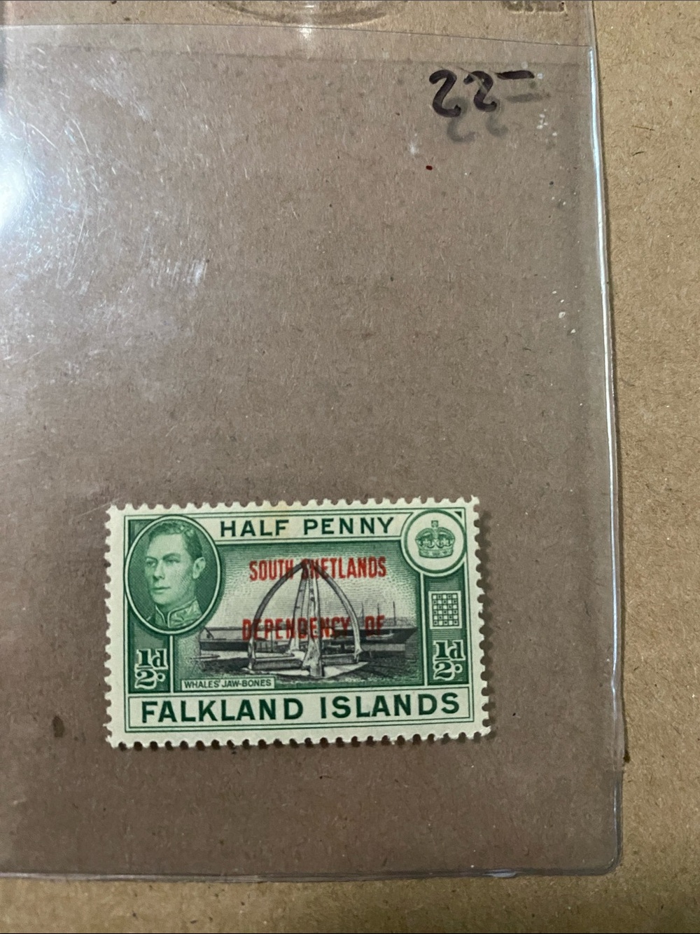Falkland Islands Half Penny Stamp - Green & Red Overprint